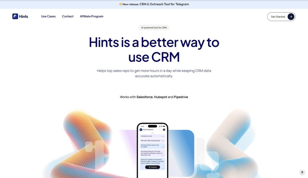 Hints AI homepage screenshot, showcasing automated CRM data updates, text and voice-enabled CRM tools.